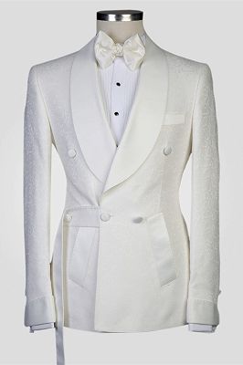 Roy White Jacquard Shawl Lapel Double Breasted Men Suits for Wedding_1