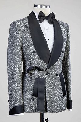 Khalil Gray Double Breasted Jacquard Wedding Men Suits with Black Lapel_2