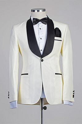 Moses Ivory One Button Simple Slim Fit Wedding Suits with Black Lapel_1