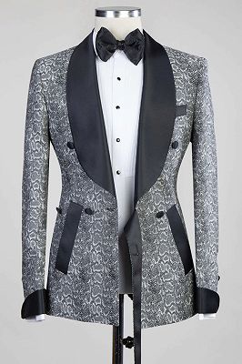 Khalil Gray Double Breasted Jacquard Wedding Men Suits with Black Lapel_3