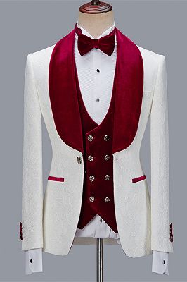 Nathanael White Jacquard Three Pieces Wedding Groom Men's Suits with Velvet Lapel