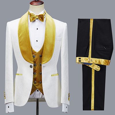 Cyrus Three Pieces Jacquard White Wedding Men's Suit with Velvet Lapel_3