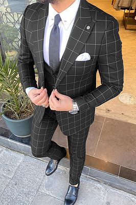 Micheal Black Plaid Peaked Lapel Three-Pieces Men Suits
