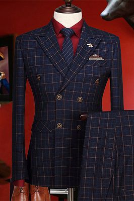 Terry Dark Blue Plaid Peaked Lapel Double Breasted Prom Suits