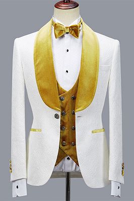 Cyrus Three Pieces Jacquard White Wedding Men's Suit with Velvet Lapel_1
