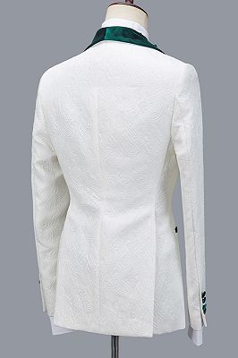Jeffery Fashion Jacquard Three Pieces White Wedding Suit with Green Lapel