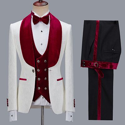 Nathanael White Jacquard Three Pieces Wedding Groom Men's Suits with Velvet Lapel_3