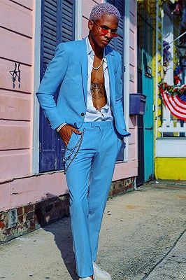 Noe Blue Shawl Lapel One Buttons Slim Fit Fashion Prom Men's Suit