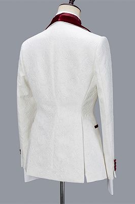 Nathanael White Jacquard Three Pieces Wedding Groom Men's Suits with Velvet Lapel