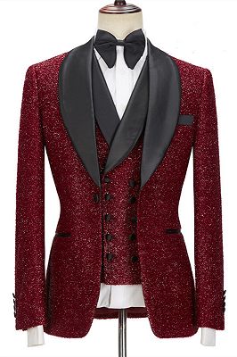Damon Sparkle Red Three Pieces Wedding Suits with Black Shawl Lapel_1