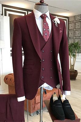 Maverick Burgundy Peaked Lapel Three Pieces Men's Suit_1