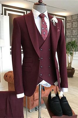 Maverick Burgundy Peaked Lapel Three Pieces Men's Suit