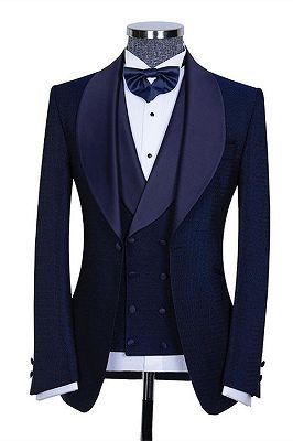 Skylar Dark Navy Shawl Lapel Three Pieces Slim Fit Wedding Suits for Men