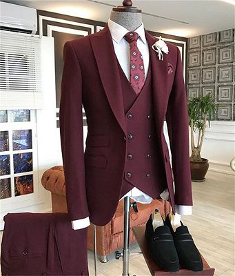 Maverick Burgundy Peaked Lapel Three Pieces Men's Suit