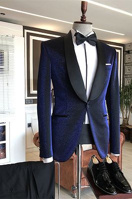 Luciano Sparkly Navy Blue Shawl Lapel Wedding Suits with Black Lapel_1