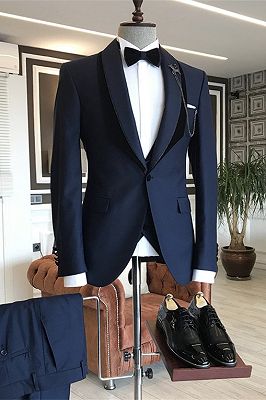 Tomas Navy Blue Shawl Lapel One Button Wedding Groom Suits_1