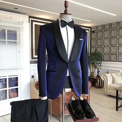 Luciano Sparkly Navy Blue Shawl Lapel Wedding Suits with Black Lapel_2