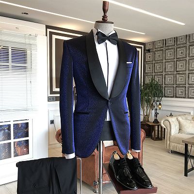 Luciano Sparkly Navy Blue Shawl Lapel Wedding Suits with Black Lapel