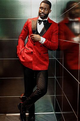 Draven Hot Red Jacquard Double Breasted Fashion Wedding Men Suits