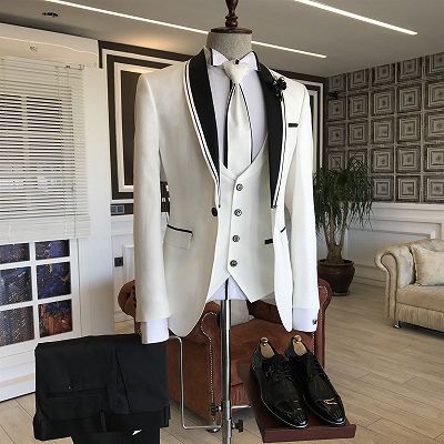 London White Slim Fit Bespoke Wedding Men's Suits with Black Shawl Lapel