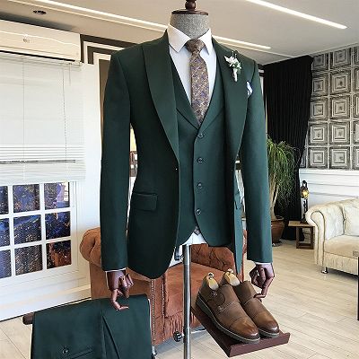 Cason Dark Green Bespoke Peaked Lapel Three Pieces Men Suits