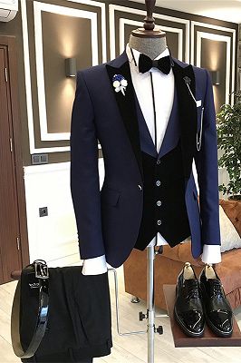 Karter Dark Navy Fashion Peaked Lapel Men Suits with Velvet Lapel_1