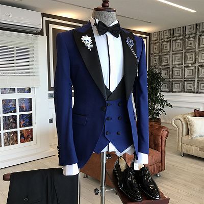 Modern Dark Blue Fashion Bespoke Peaked Lapel Men Suits_2