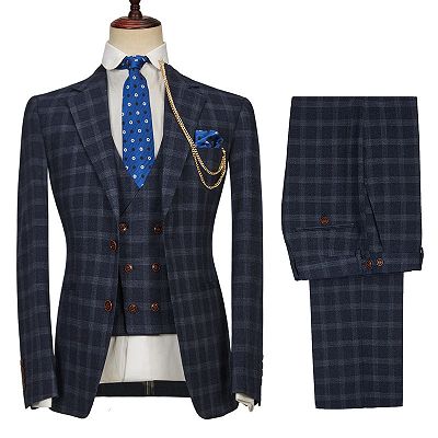 Dominik Dark Blue Plaid Fashion Notched Lapel Men Suits_2