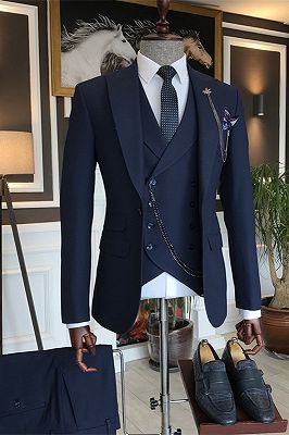 Aryan Dark Navy Three Pieces Close Fitting Peaked Lapel Men Suits_1