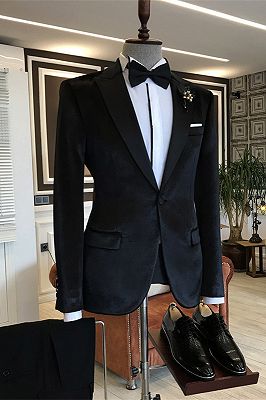 Ariel Black Velvet One Button Peaked Lapel Slim Fit Men Suits