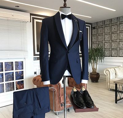 Tomas Navy Blue Shawl Lapel One Button Wedding Groom Suits_2