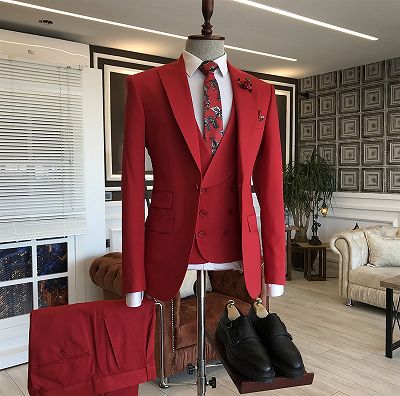 Gilberto Red Bespoke Three Pieces Peaked Lapel Prom Men Suits_2