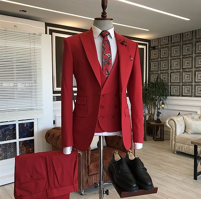 Gilberto Red Bespoke Three Pieces Peaked Lapel Prom Men Suits