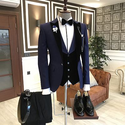 Karter Dark Navy Fashion Peaked Lapel Men Suits with Velvet Lapel_2