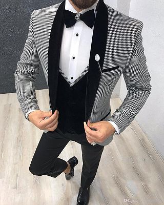 Ahmed Black Houndstooth Shawl Lapel Three Pieces Men Suits_2