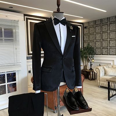 Ariel Black Velvet One Button Peaked Lapel Slim Fit Men Suits