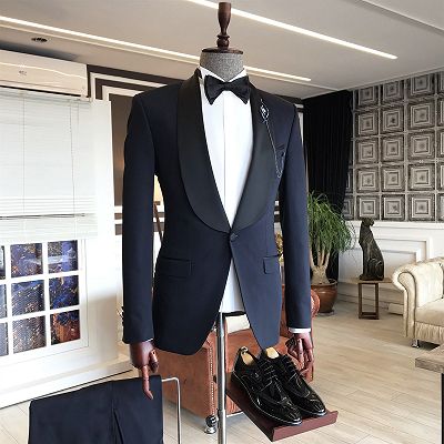 Allan Dark Navy Fashion Shawl Lapel One Button Wedding Men's Suits_2