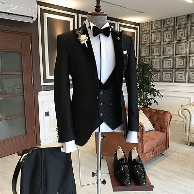 Stylish Black New Arrival Slim Fit 3-Piece Peaked Lapel Men Suits