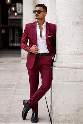 Brent Burgundy Notched Lapel Slim Fit Prom Outfits for Men