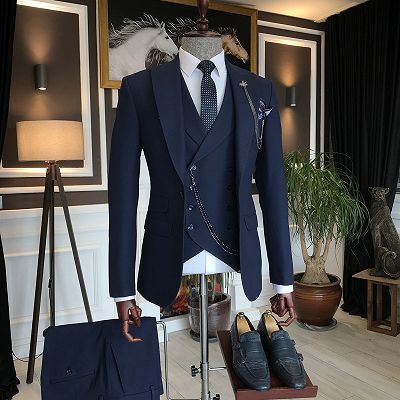 Aryan Dark Navy Three Pieces Close Fitting Peaked Lapel Men Suits