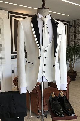 London White Slim Fit Bespoke Wedding Men's Suits with Black Shawl Lapel