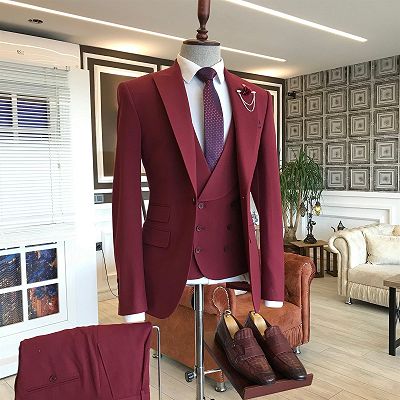 Aldo Dark Red Three Pieces Peaked Lapel Men Suits