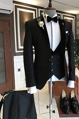 Stylish Black New Arrival Slim Fit 3-Piece Peaked Lapel Men Suits_1