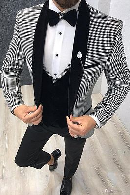 Ahmed Black Houndstooth Shawl Lapel Three Pieces Men Suits_1