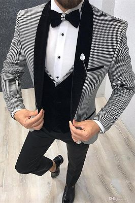 Ahmed Black Houndstooth Shawl Lapel Three Pieces Men Suits