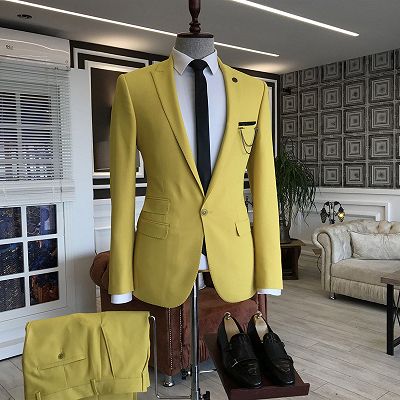 Solomon Yellow Peaked Lapel One Button 3 Flaps Prom Men Suits