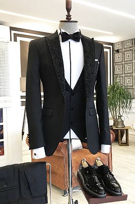 Gavin Fashion Black 3-pieces Peaked Jacquard Lapel Men Suit For Business