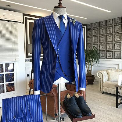 Marvin Trendy Blue Striped 3-pieces Peaked Lapel Formal Men Suits