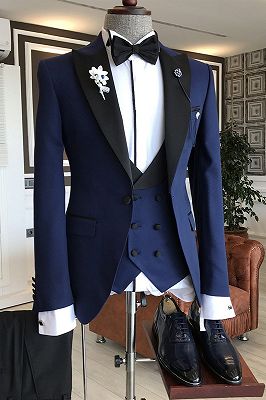 King Modern Royal Blue 3-Pieces Black Peaked Lapel Double Breasted Waistcoat Men Suits
