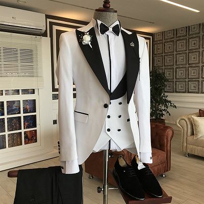 Leo Stylish White 3-Pieces Black Peaked Lapel Double Breasted Waistcoat Bespoke Business Suits